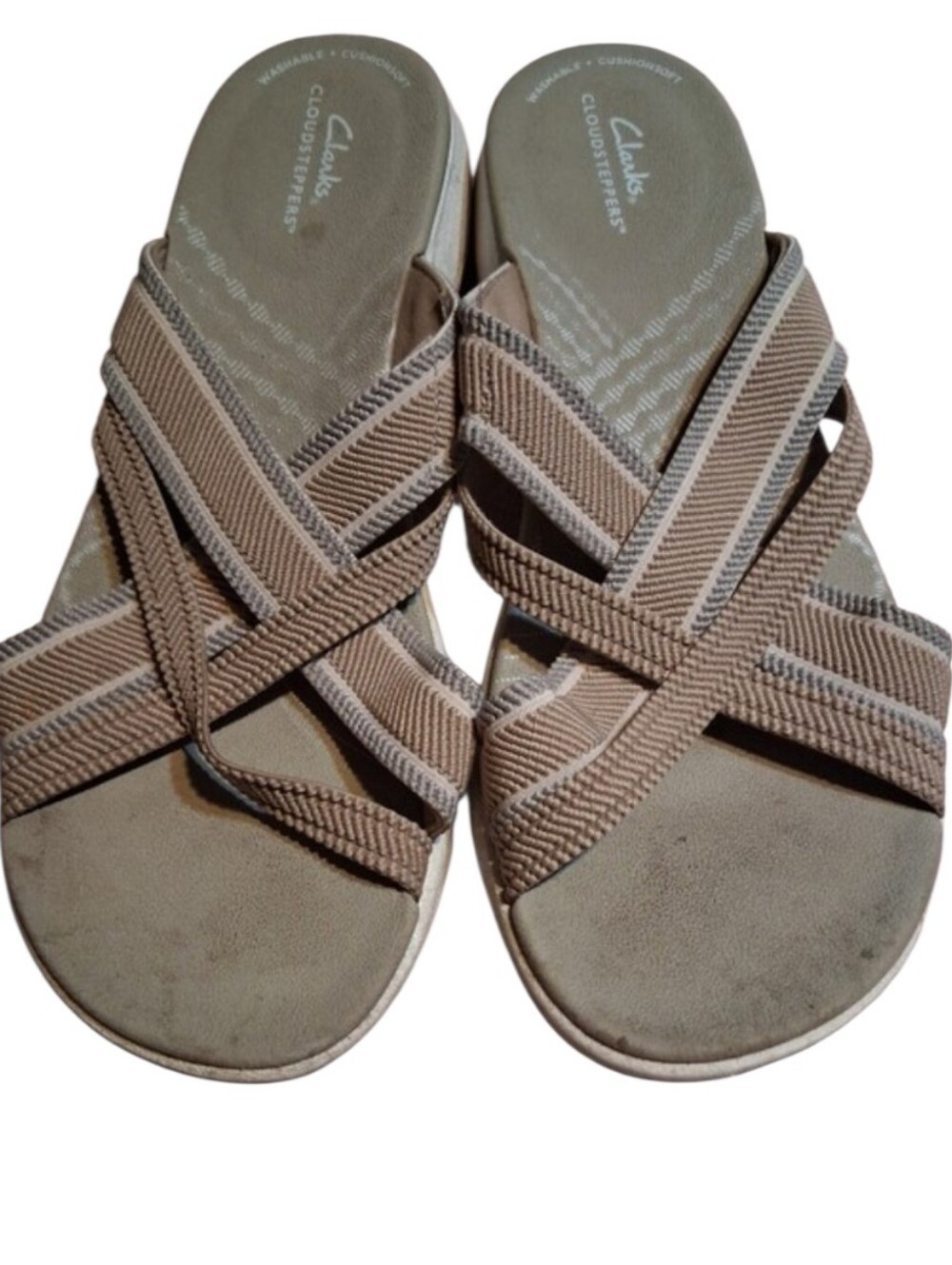 Clarks Cloudsteppers Taupe Slide Sandals Size 8.5 Coastal Grandma Gorpcore - Picture 5 of 7